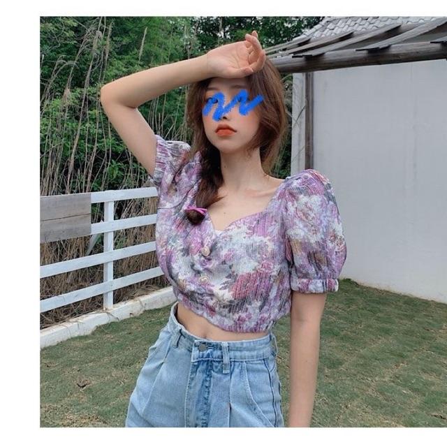 Áo sơmi hoa croptop cúc ngọc sang trọng