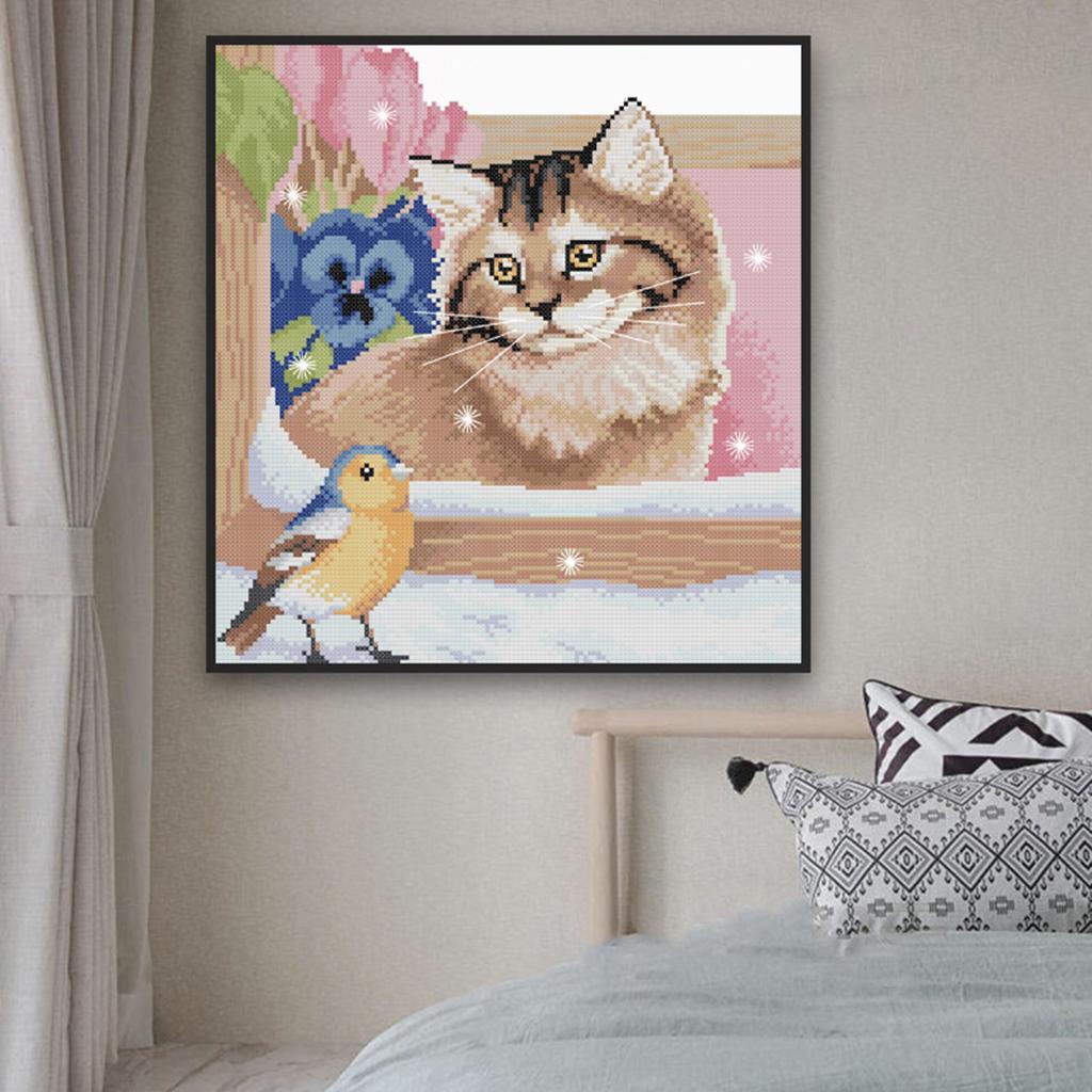 Beginners Kids Floral Cat Bird Stamped Cross Stitch Kit Accurate Home Decor 11CT
