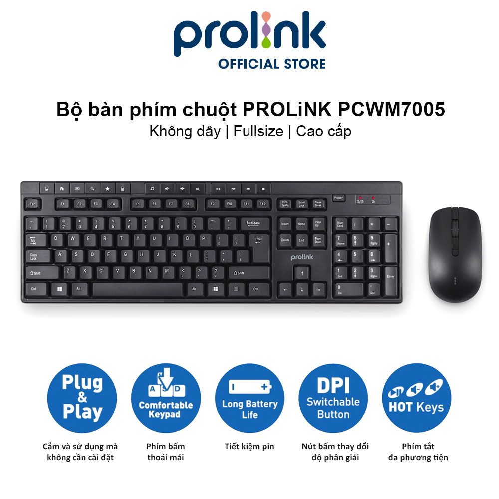 Bộ bàn phím chuột không dây PROLiNK PCWM7005 Fullsize cao cấp, chống thấm nước, thời lượng pin cao dành cho PC, Laptop - Hàng chính hãng