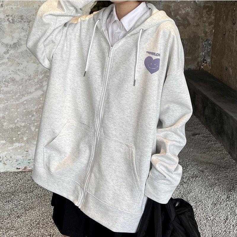 Áo hoodie nữ có nón 2 lớp zip kéo in hình trái tim, mẫu áo khoác nỉ chống nắng thời trang ulzzang kèm video