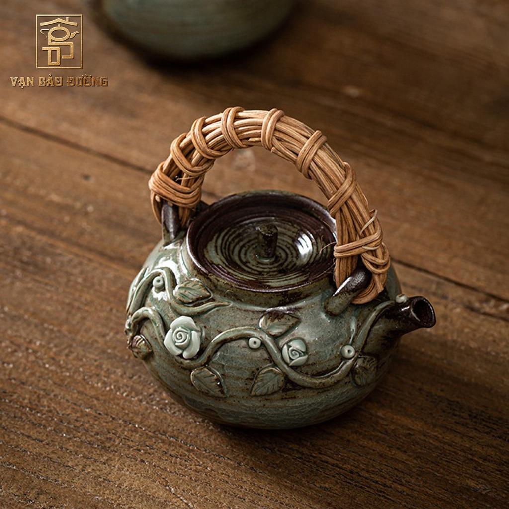 Bộ ấm chén trà gốm Vạn Bảo Đường chế tác thuần thủ công đắp hoa nổi - VBD048