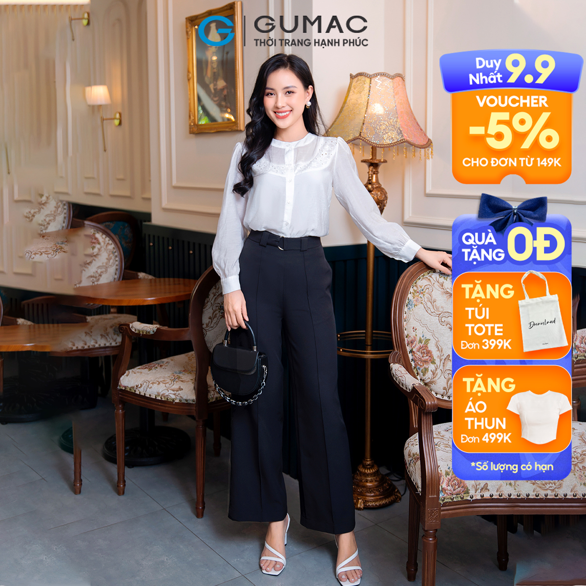 Quần tây nữ phom suông phối dây lưng công sở thanh lịch tôn dáng thời trang GUMAC QD09018