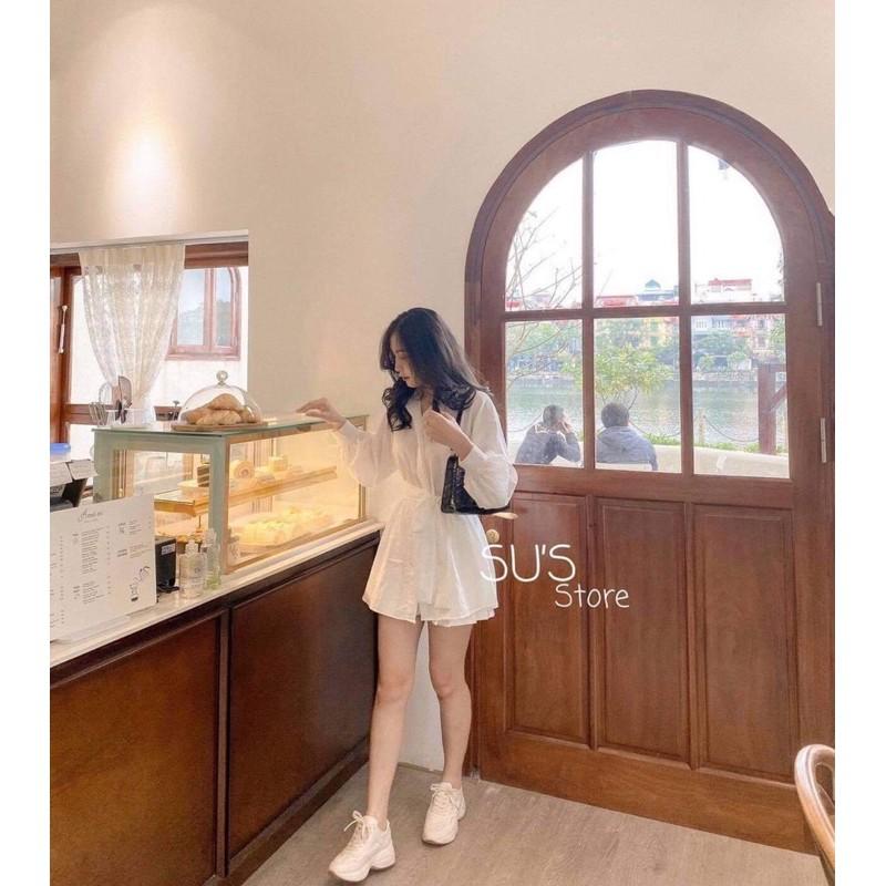 Áo kiểu Áo kiểu nữ thắt nơ bụng màu trắng/be phối cổ sơ mi dài tay siêu xinh