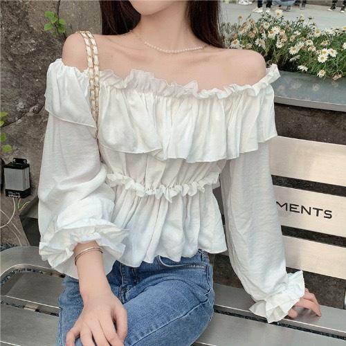 Áo Trễ Vai Viền Bèo Dài Tay Nữ 2 Tầng