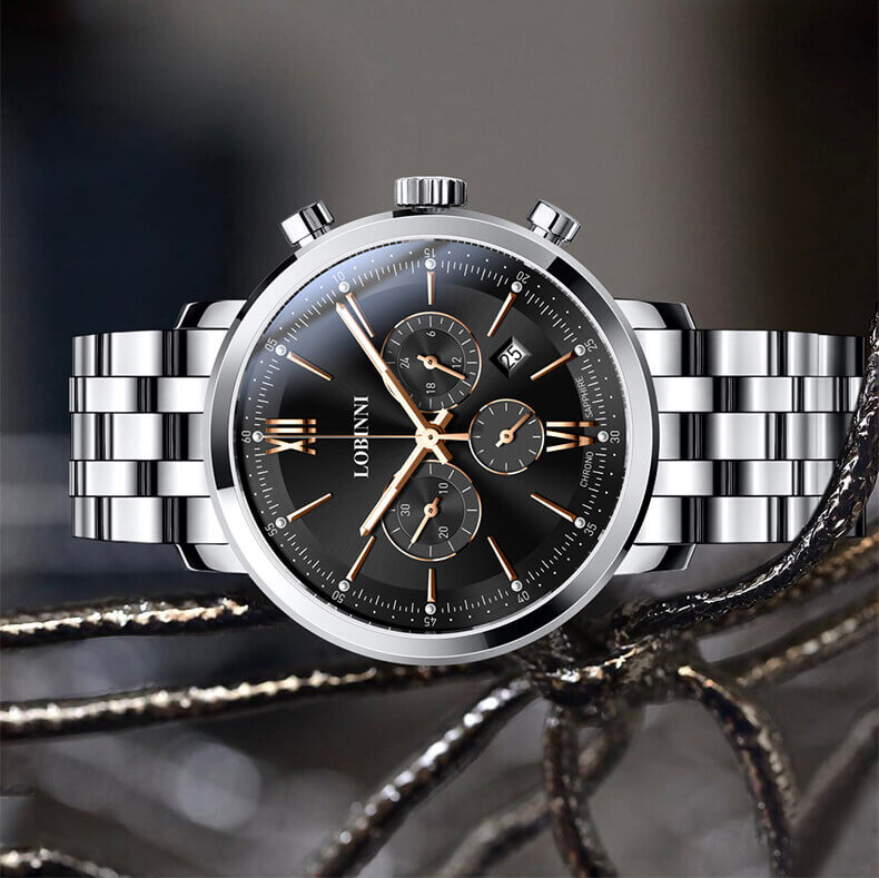 Đồng hồ nam chính hãng LOBINNI L3605-2 hàng mới 100% ,kính sapphire chống nước,chống xước,dây kim loại thép không gỉ 316L ,kiểu dáng thể thao ,mặt đen 3 núm