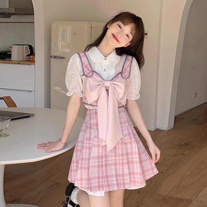 CHENGRUI tây ngọt ngào cay giảm tuổi học viện phong nửa người váy hai mảnh jk váy mùa hè dễ thương thiếu nữ cung bộ
