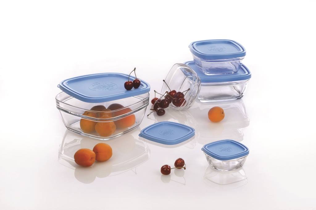 Bộ Hộp thực phẩm D9015A Duralex - Freshbox nắp xanh Blue 5 size Thủy tinh cường lực Pháp