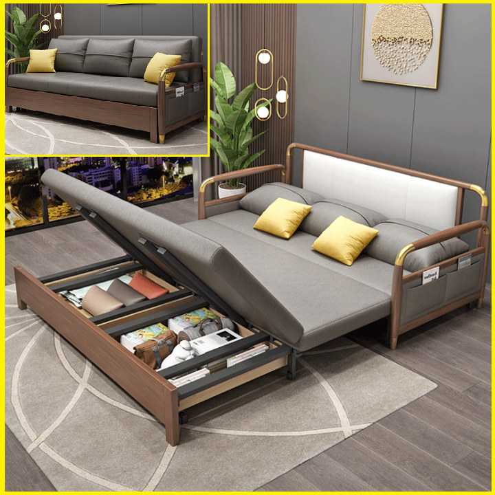 Giường Sofa Gấp Gọn Kiêm Ghế Sofa. Giường Ngủ Sofa Cao Cấp Có Hộc Chứa Đồ. Toàn Bộ Khung Thép Chịu Lực Sơn Tĩnh Điện. Tay Ốp Gỗ Sồi Bọc Đồng. Thiết Kế Thẩm Mĩ, Hiện Đại