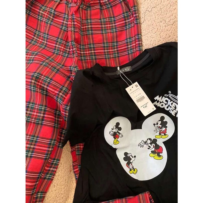 Set Bộ Thun Áo Xanh In Mickey Quần Suông Caro