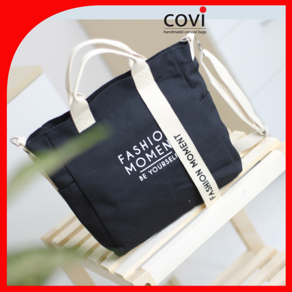 Túi vải Hàn Quốc, túi đeo chéo vải canvas phối chữ Fashion Moment thời trang Covi nhiều màu sắc T11-M-Màu Đen