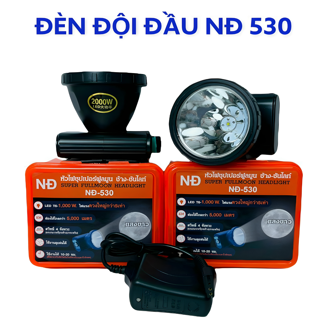 ĐÈN ĐỘI ĐẦU NĐ 530 KÍN NƯỚC, CÔNG SUẤT 2000W, SIÊU SÁNG, PIN DUNG LƯỢNG CAO, TẦM CHIẾU XA 1500M