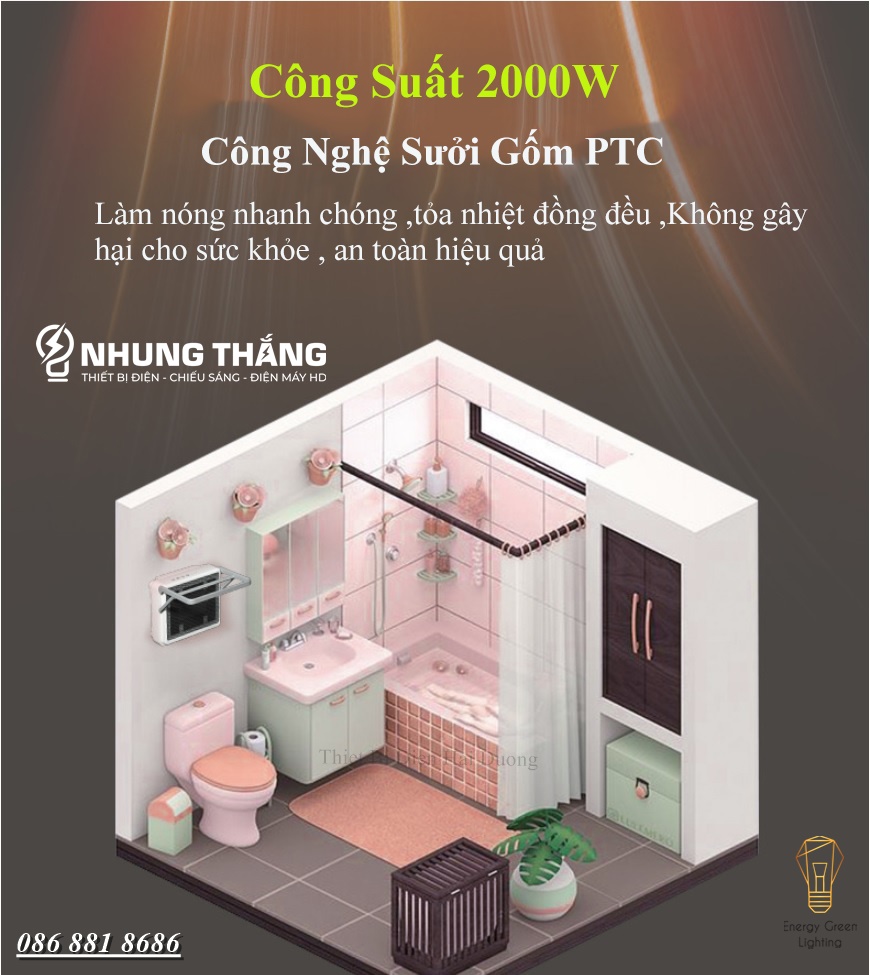 Máy Sưởi Treo Tường Phòng Tắm , Phòng Vệ Sinh C12 - Sưởi Gốm PTC - Chống Thấm Nước - Tiết Kiệm Điện Năng - Có Video