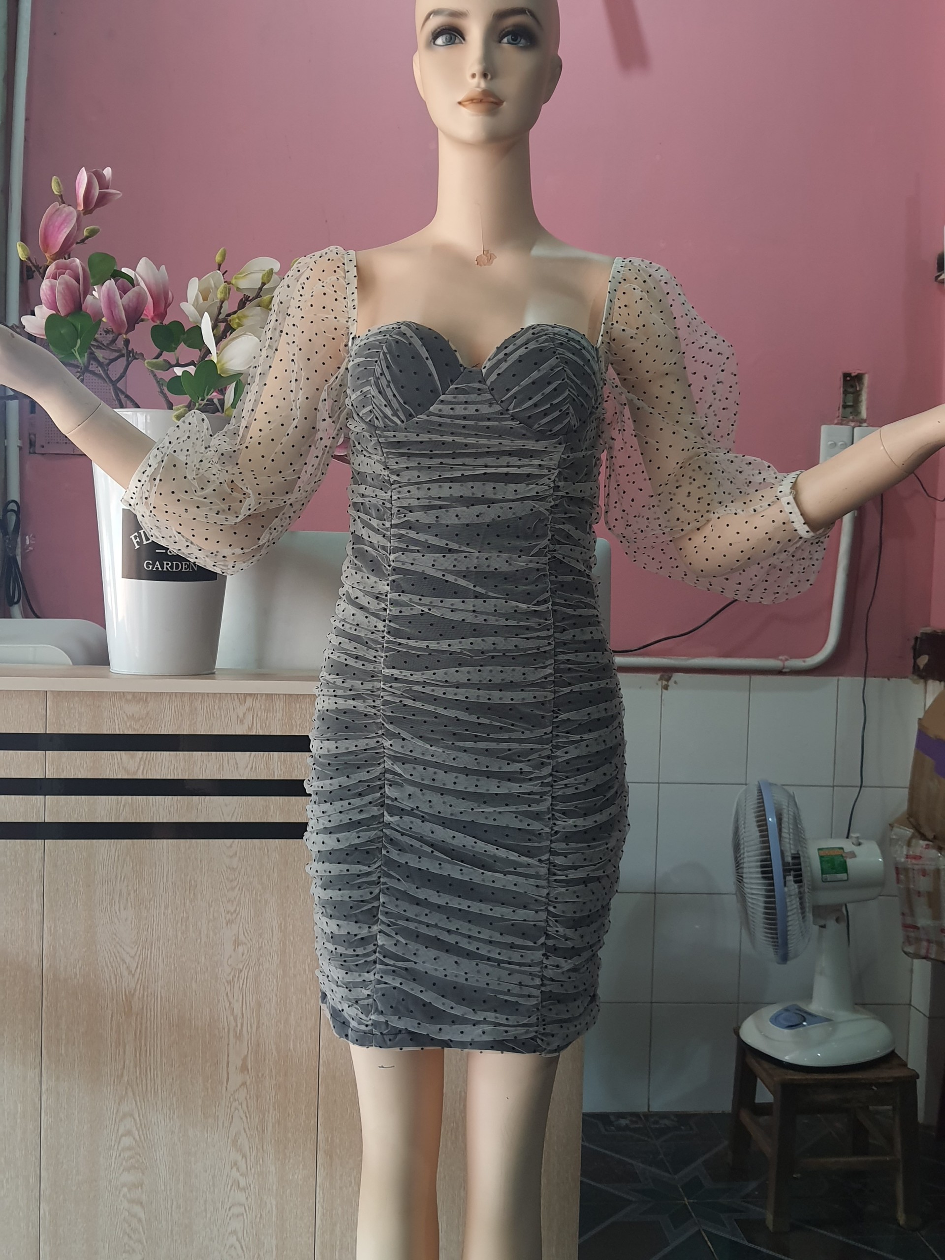 Đầm Body Phối Lưới Bi Trẻ Trung Quyến Rũ,Đi Chơi,Đi tiệc