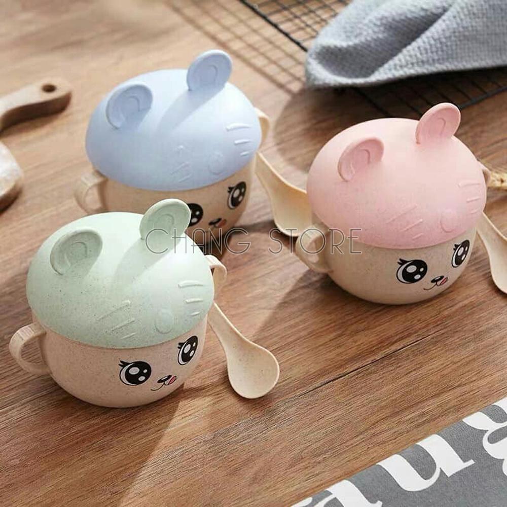 Bát Ăn Dặm Lúa Mạch Chống Nóng Có Nắp Hình Tai Thỏ Tặng Thìa Cho Bé