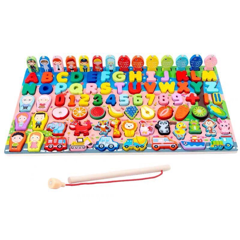 Bộ đồ chơi bằng gỗ 5in 1 kèm đàn ,6in 1 tiếng anh ,6in 1 tiếng việt,7in 1 Bảng học chữ ,số đếm, câu cá giải trí cho bé