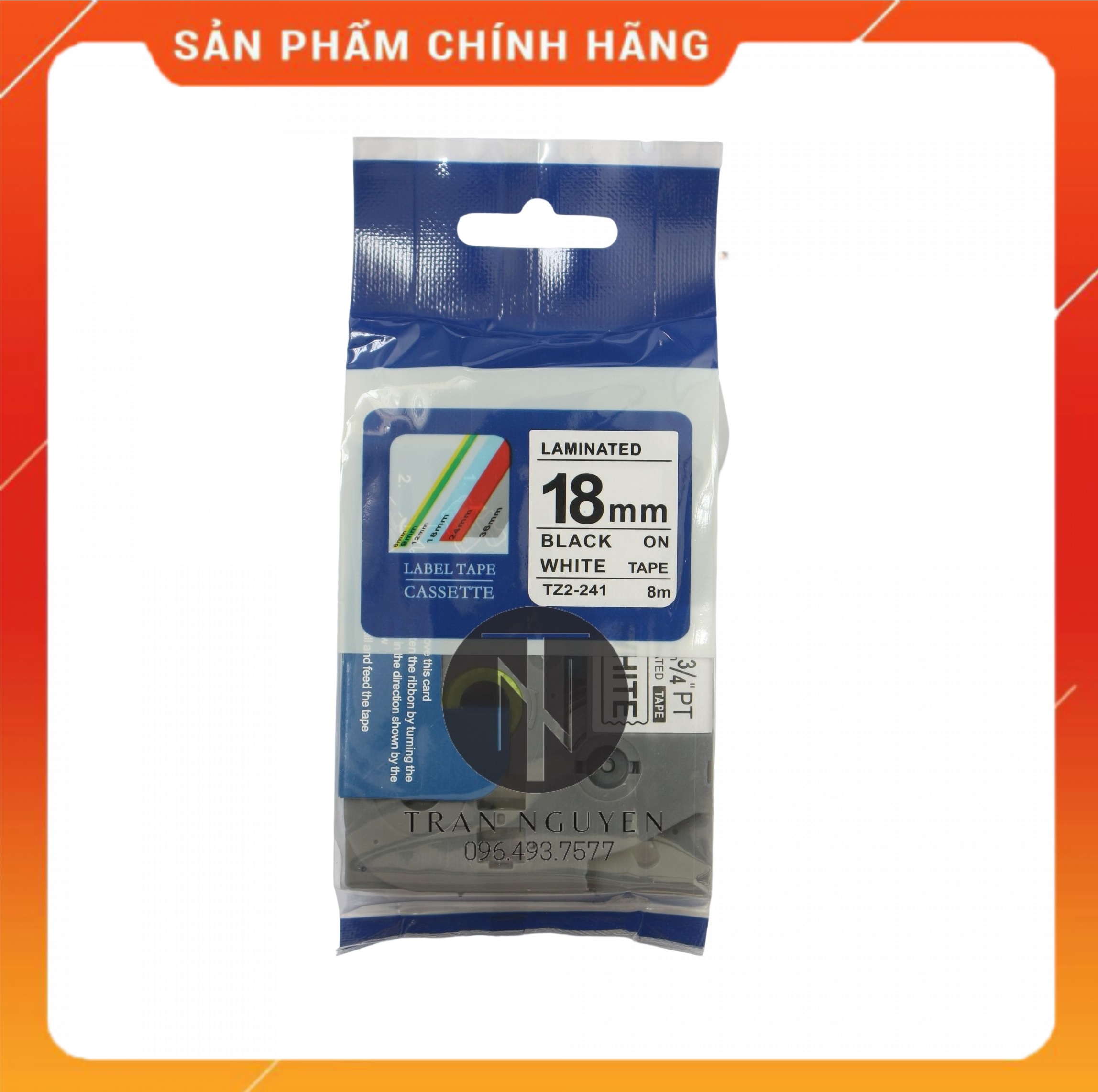 Nhãn In đa lớp Tz2-241 - Đen nền trắng 18mm x 8m - Hàng nhập khẩu