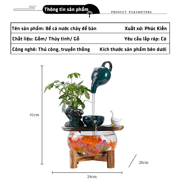 Bể cá nước chảy để bàn - Bể cá phong thủy mini nhập khẩu nguyên chiếc - Bể cá hình tròn nước chảy