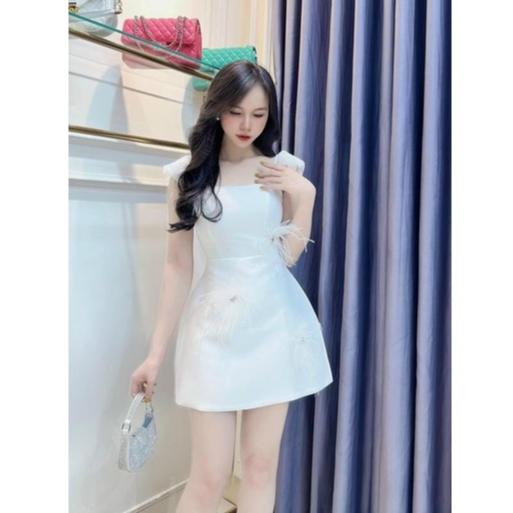 Đầm xoè dự tiệc đính lông cừu phối tay lưới cánh tiên