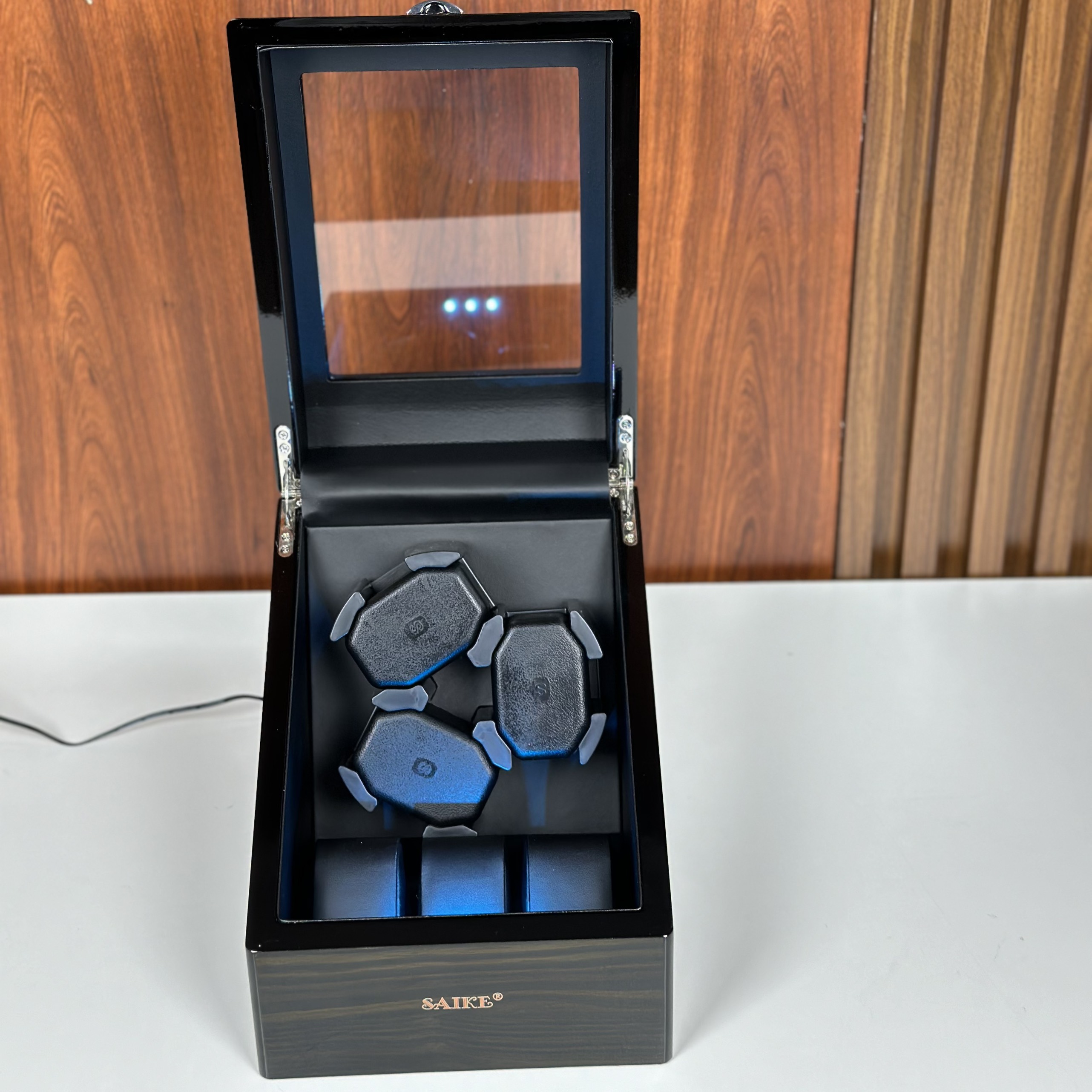 [BH 2 Năm Động Cơ] Hộp Đồng Hồ Cơ 3 Xoay + 3 Tĩnh Vỏ Gỗ Sơn Vân Gỗ Mun Có Đèn Led