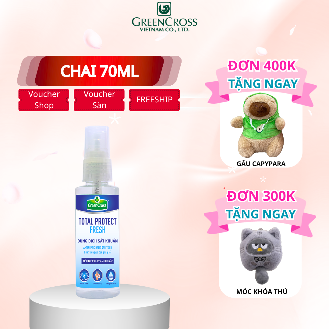 Combo 4-18 Chai Nước rửa tay kháng khuẩn nhanh Green Cross Total Protect 70ml Dạng Xịt