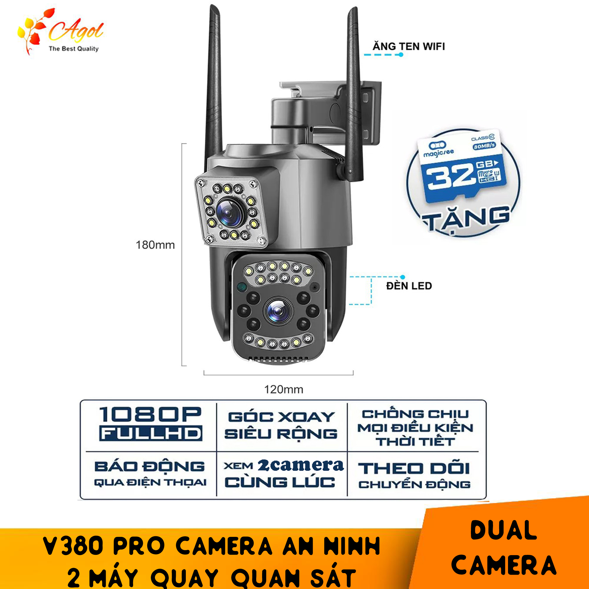 Camera giám sát 2 ống kính quan sát an ninh ngoài trời trong nhà xoay 360 độ chống nước tiêu chuẩn IP kèm thẻ nhớ chính hãng - Hàng Nhập Khẩu