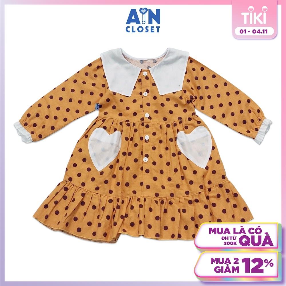 Đầm tay dài bé gái họa tiết Bi vàng cổ thủy thủ nền vàng thô trà bông - AICDBGEFKA2P - AIN Closet