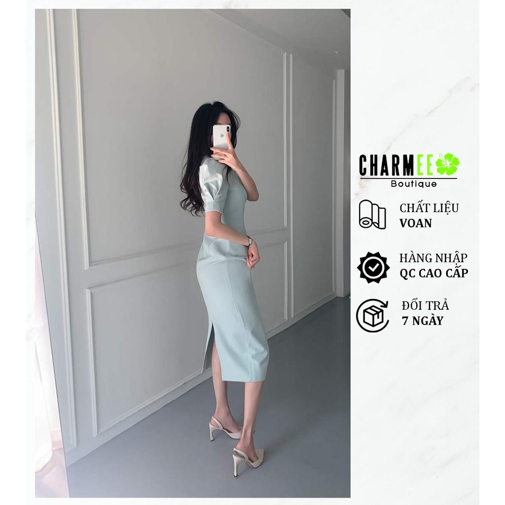 Đầm xanh cổ vuông dáng dài