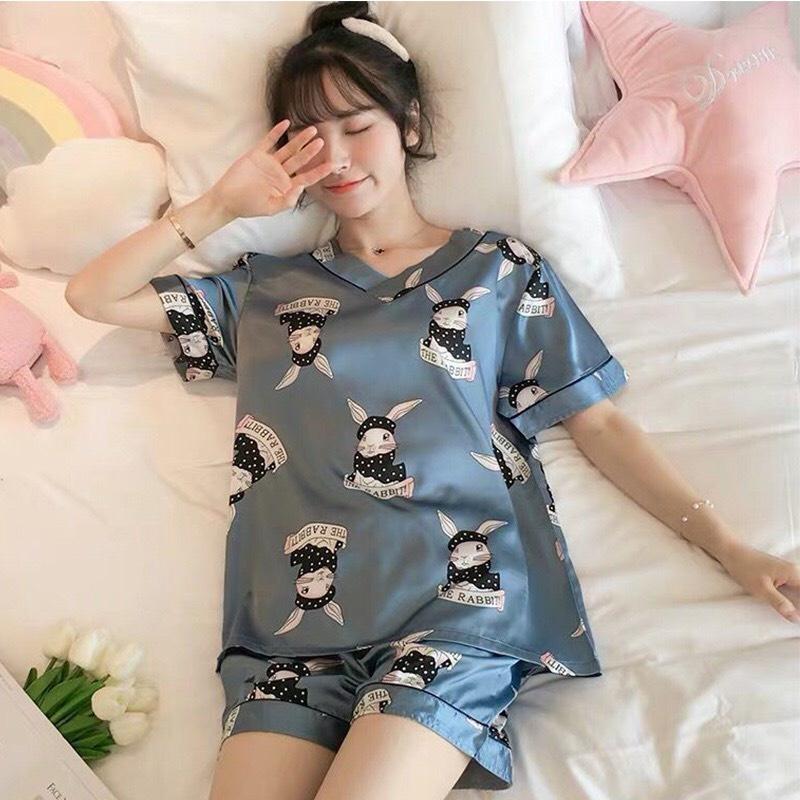 Bộ ngủ pijama cộc tay cổ V họa tiết dễ thương - bộ mặc nhà nữ