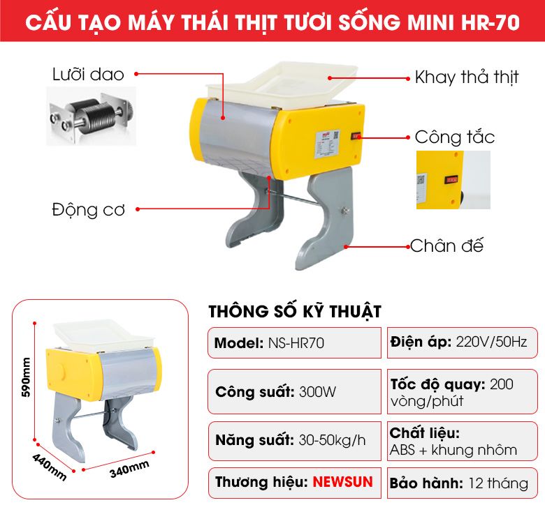 Máy thái thịt tươi sống mini HR-70 NEWSUN - Hàng chính hãng bảo hành 12 tháng