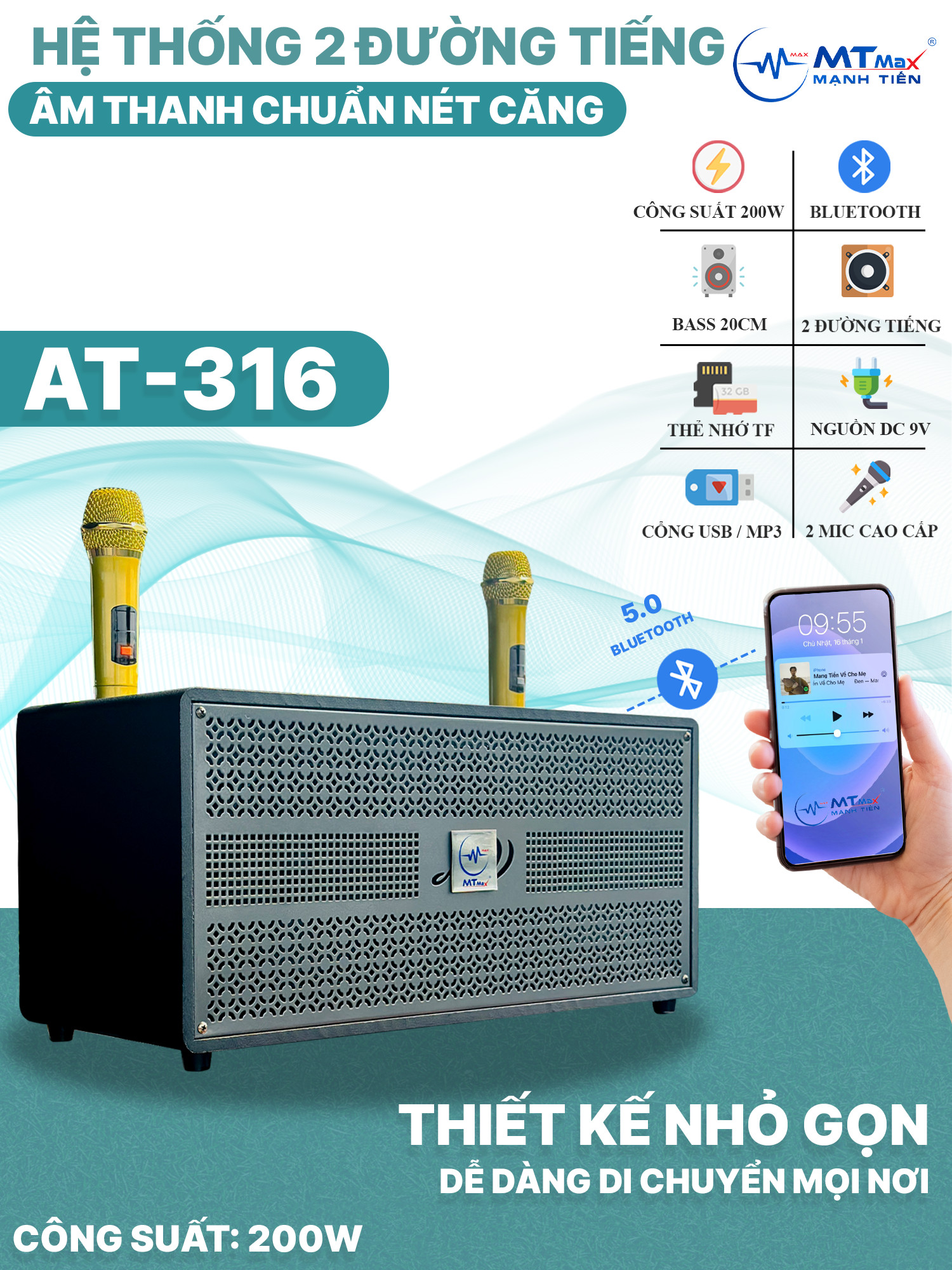 Loa Xách Tay 2 Đường Tiếng AT-316 Pro - Công Suất Lớn 200W, Bass Trầm 20cm. Bluetooth 5.0 Tốc Độ Cao, Đi Kèm 2 Micro Không Dây Đa Năng Hàng Chính Hãng