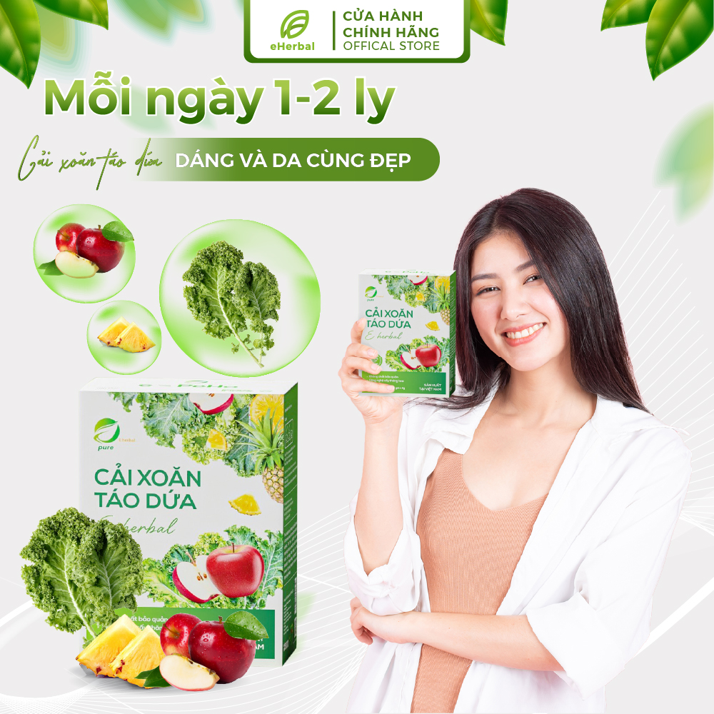 Bột Cải Xoăn - Táo - Dứa Eherbal chính hãng hộp 15 gói x 4g làm đẹp da, tăng cường sức khỏe