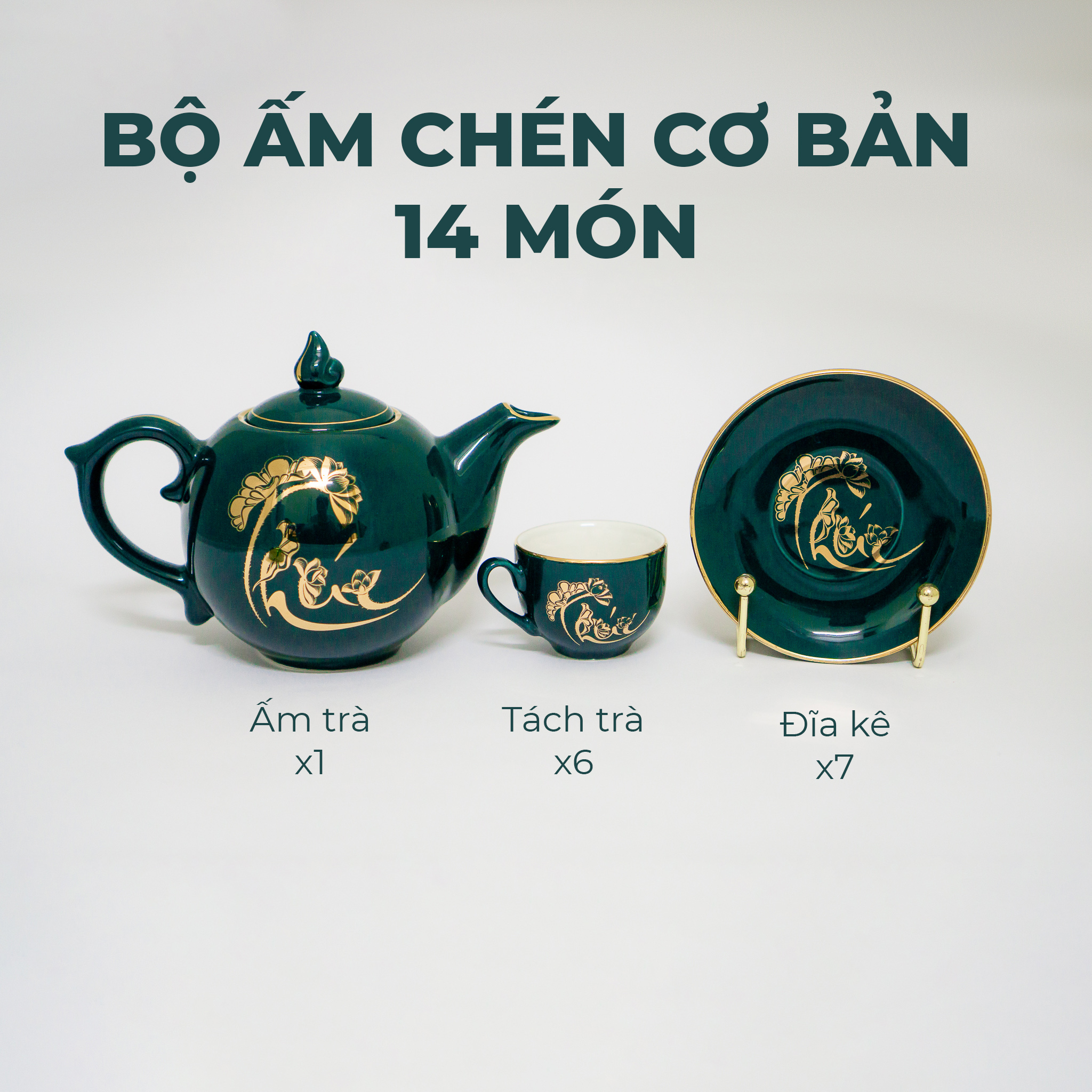 Bộ ấm chén Bát Tràng chữ Phúc hoa sen xanh cổ vịt kẻ viền vàng kim sang trọng, ấm pha trà sứ đẹp quà tặng