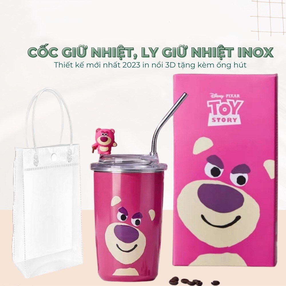 Cốc Giữ Nhiệt,Ly Giữ Nhiệt Gấu Dâu Lotso Tặng Kèm Ống Hút Dung Tích 450ml Chất Liệu Inox Cao Cấp Giữ Nhiệt Từ 8-12 Giờ