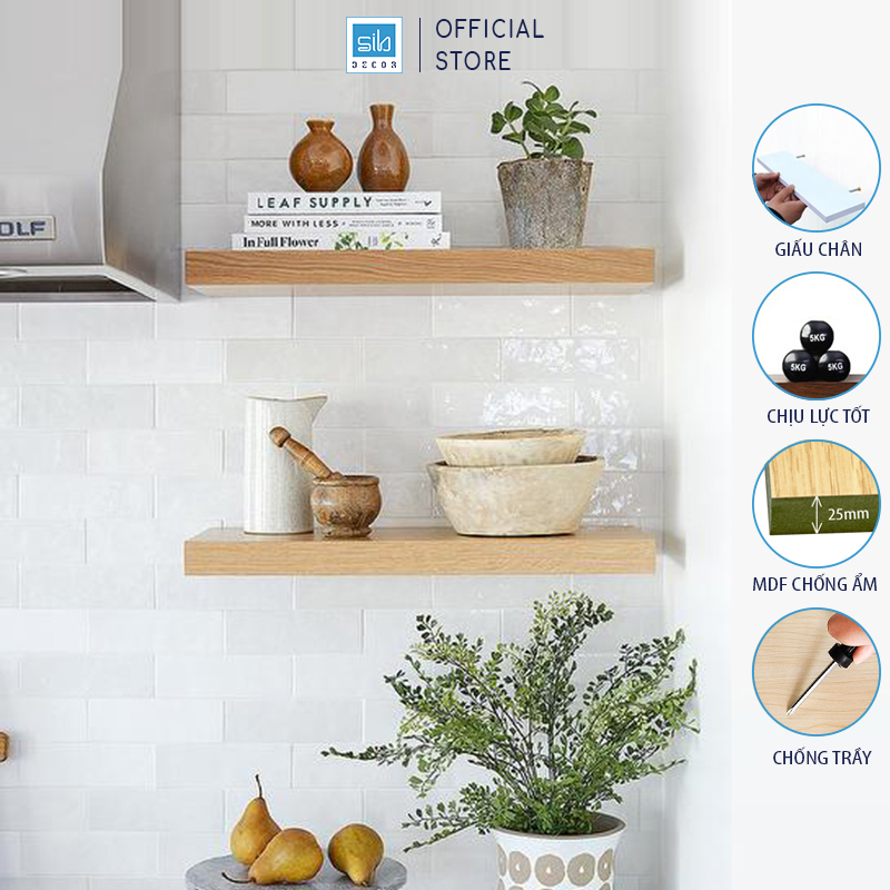 Bộ 2 Kệ Gỗ Thanh Ngang Rộng 20Cm, Dày 25Mm Màu Vân Gỗ Sồi Thương Hiệu Sib Decor Kt005 - 60X20X2.5Cm 2 Kệ