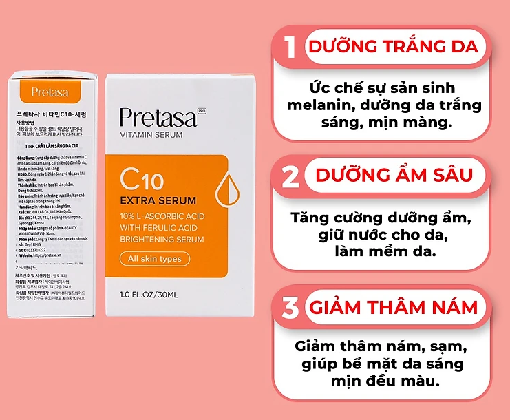 Serum Pretasa Vitamin C C10 - Sáng da- Mờ thâm nám - Dưỡng ẩm sâu cho da