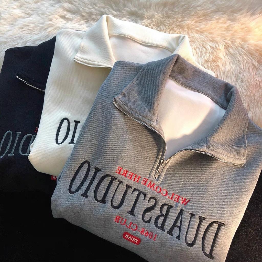 Áo sweater cổ bẻ khoá zip chất liệu bo tăm hoạ tiết thêu form rộng oversize nam nữ unisex