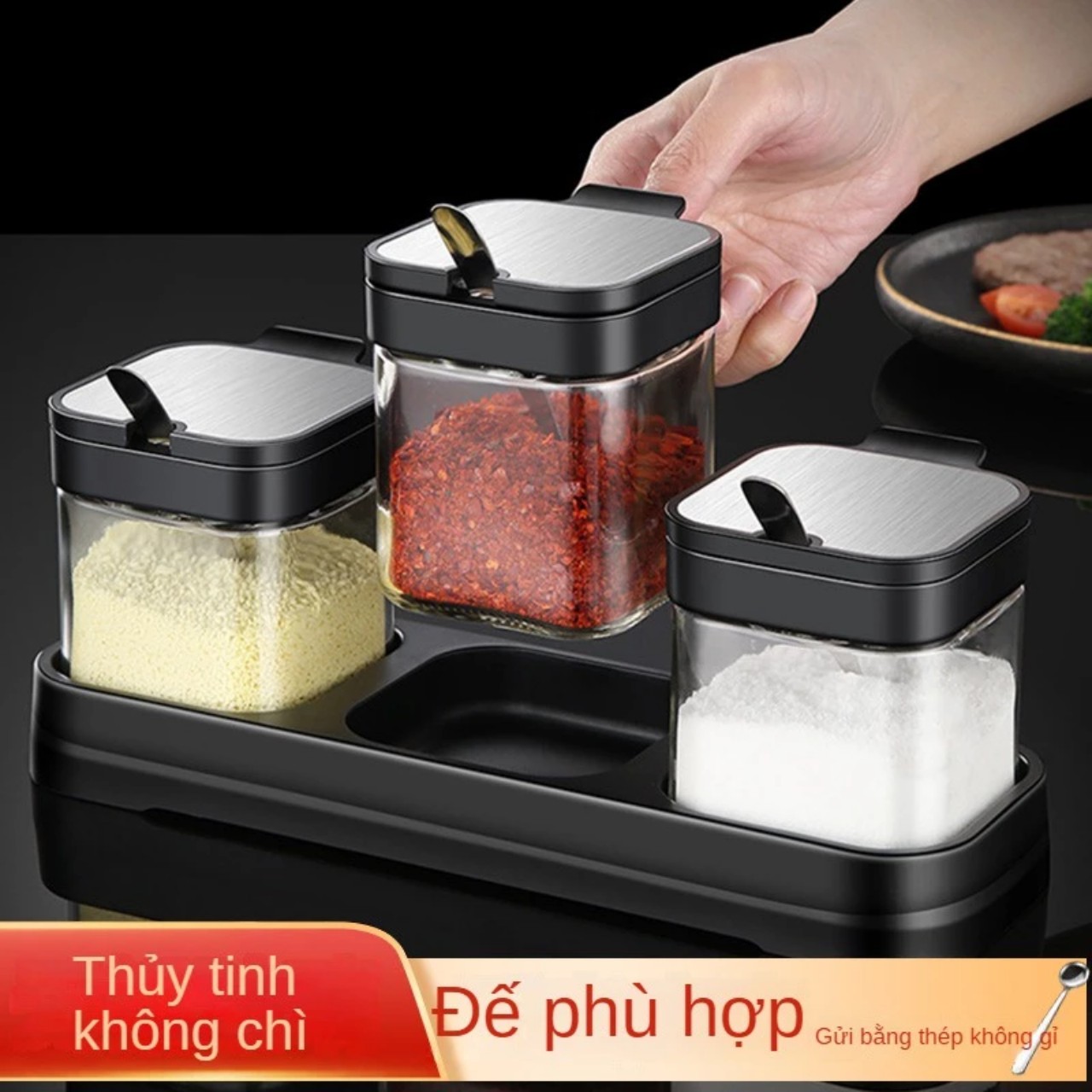 Hũ Gia Vị Thủy Tinh Dày Dặn Nắp Bật INOX 304, Có Thìa Múc Phong Cách Nhật Bản Tinh Tế - HÀNG CHÍNH HÃNG MINIIN