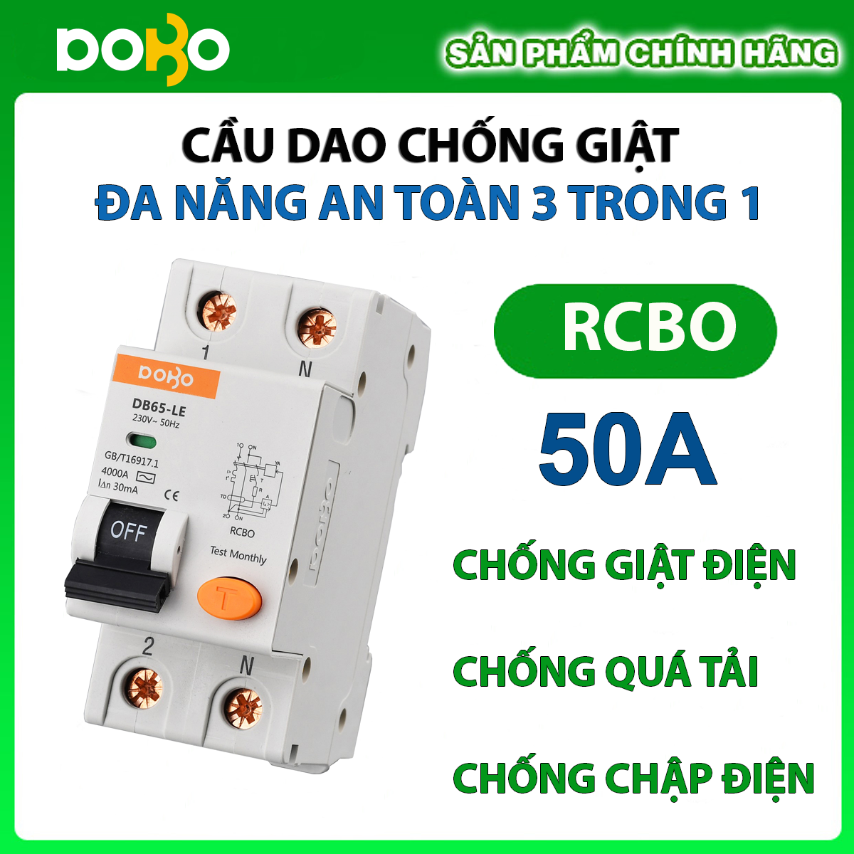 [HÀNG CHÍNH HÃNG] Cầu Dao Chống Giật RCBO DOBO đa năng 2P 50A - 30mA  - siêu nhạy - Aptomat chống giật có clip test giật điện trực tiếp - Hàng Tốt - Sản phẩm được Khách Hàng tin dùng 5 năm liền! - DOBO KOREA DB65LE-885022