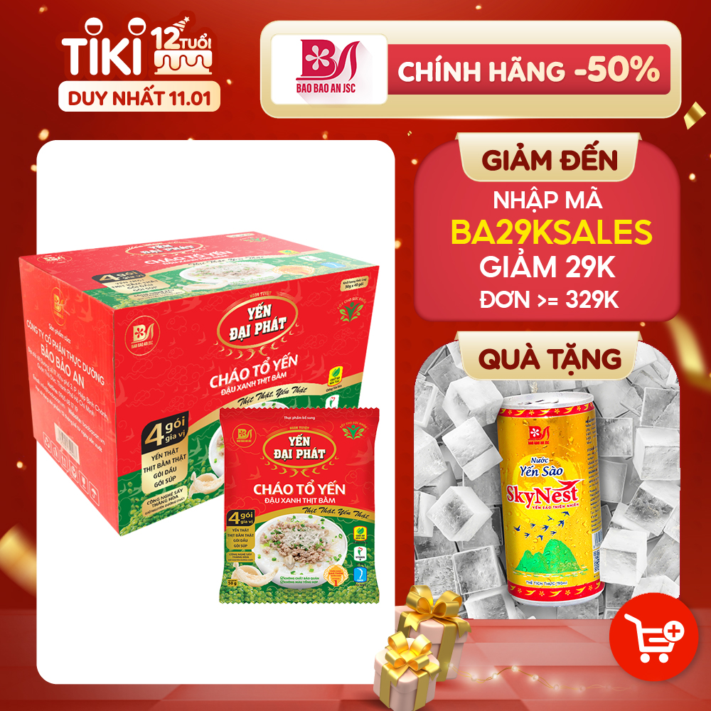 [Thùng 40 gói x 50gram] Cháo Tổ Yến Đậu Xanh Thịt Bằm - Yến Đại Phát 4 gói gia vị, ăn liền, tiện lợi, thơm ngon.