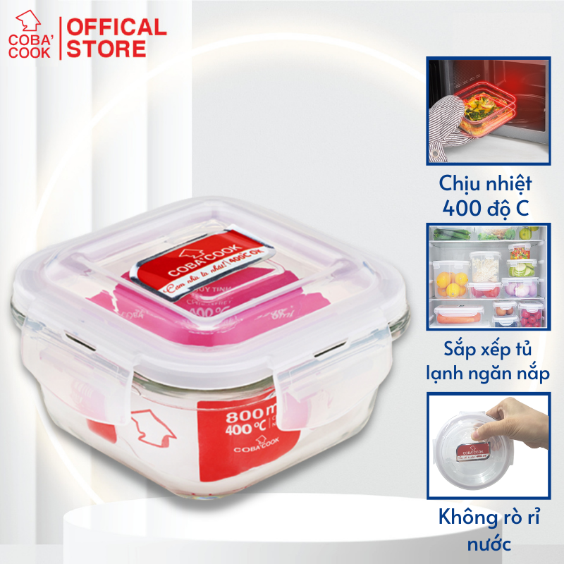 Hình ảnh Hộp thủy tinh hộp đựng cơm trữ thức ăn chịu nhiệt COBA'COOK hộp vuông 800ml- CBHS800