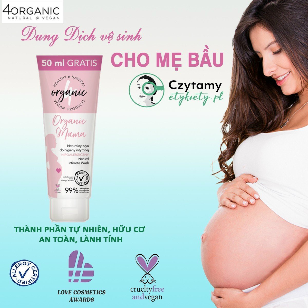 Dung dịch vệ sinh thuần chay 4Organic mama 250ml dùng cho mẹ bầu với công thức đặc biệt