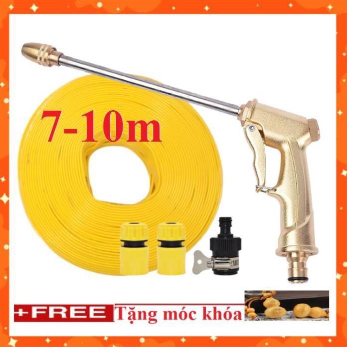 Bộ dây vòi xịt nước rửa xe, tưới cây . tăng áp 3 lần, loại 7m, 10m 206701-3 đầu đồng,cút,nối đen+ tặng móc khoá