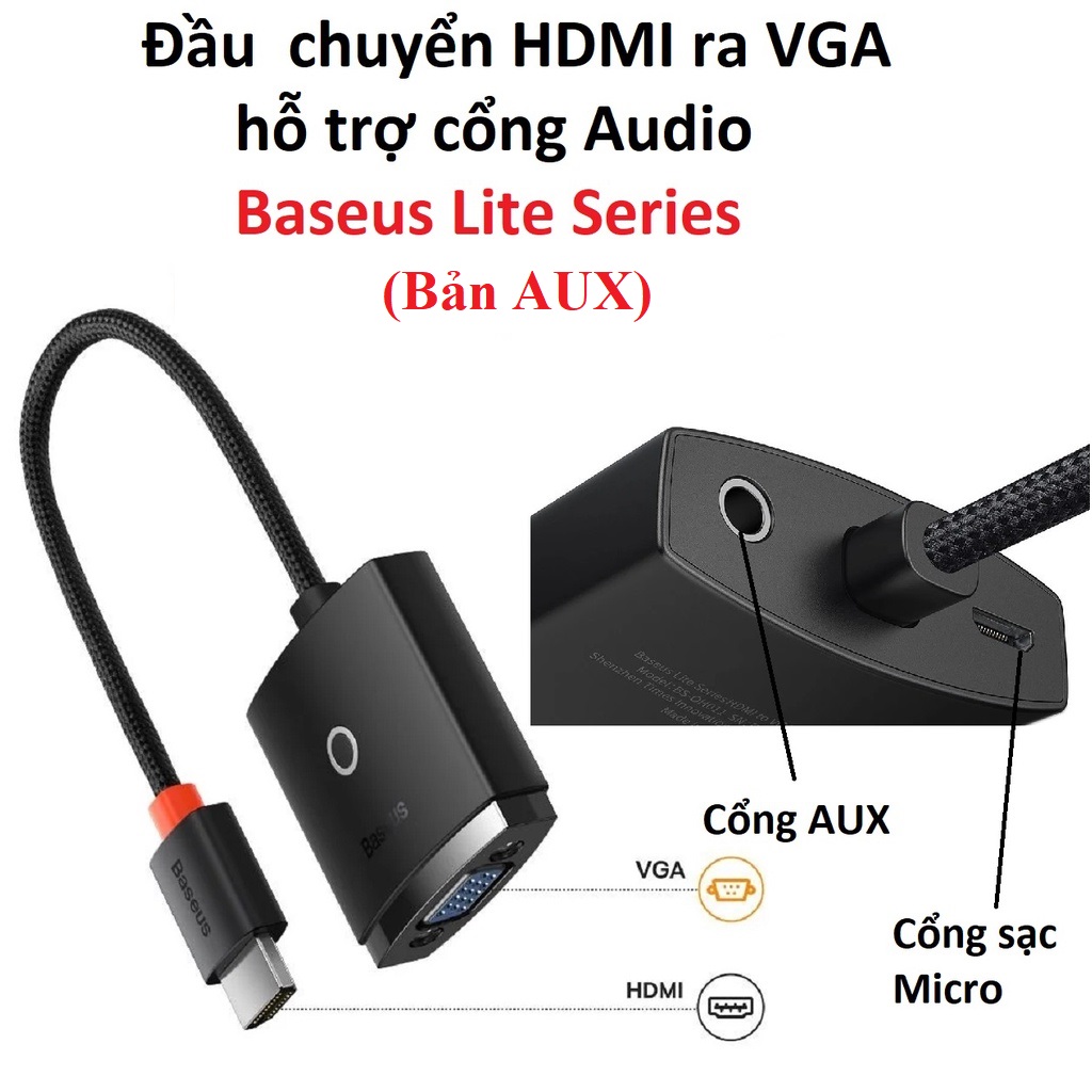 Đầu chuyển HDMI ra VGA hỗ trợ Audio Baseus Lite Series BS-OH011 (Bản AUX) _  hàng chính hãng