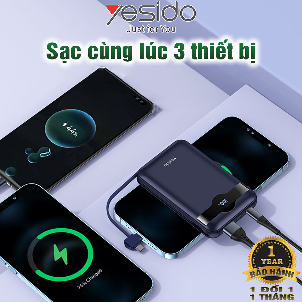 Sạc dự phòng Nhanh 22.5W Yesido YP-28 Kèm theo Cáp sạc 2 trong 1 Hàng chính hãng