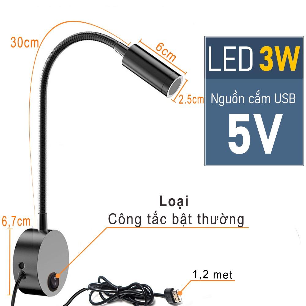 Đèn đọc sách gắn tường đầu giường Led 3W, Nguồn USB 5V, Ánh sáng chiếu rọi điểm, tích hợp đèn ngủ, Đèn soi tranh