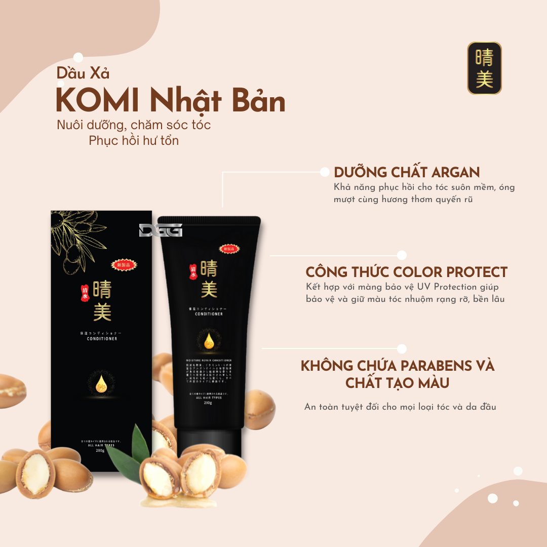 Dầu xả Komi Nhật Bản - Tinh chất Argan giữ màu tóc nhuộm, dưỡng ẩm, phục hồi hư tổn [Tuýp 280ml - Chính Hãng]