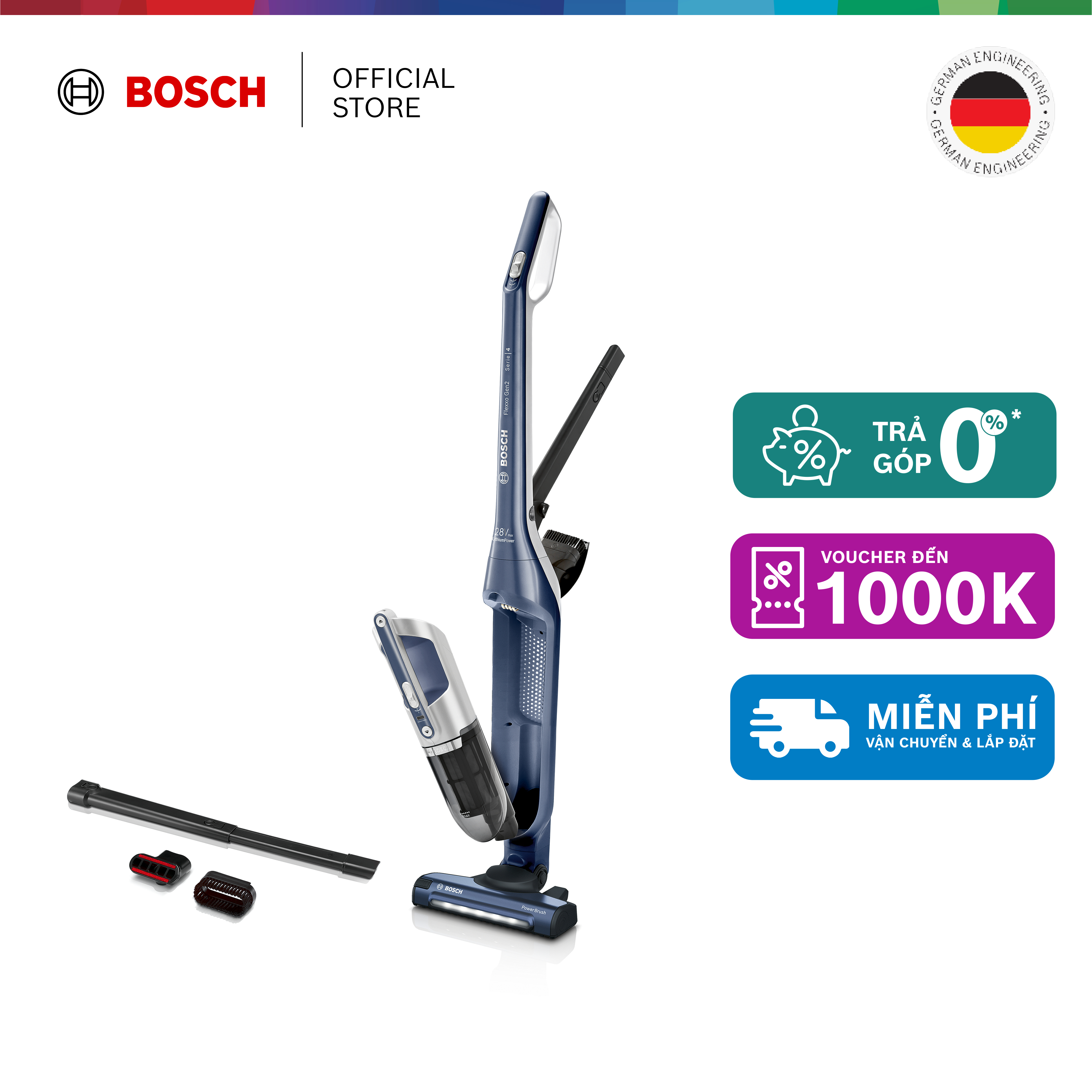 Máy hút bụi không dây Bosch BCH3K2851 - Series 4 (xanh xám) - Hàng chính hãng