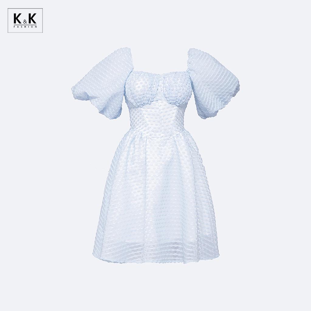 Đầm Xòe Đơn Sắc Tay Phồng Cổ Vuông K&amp;K Fashion HL21-32 Chất Liệu Tơ 3D