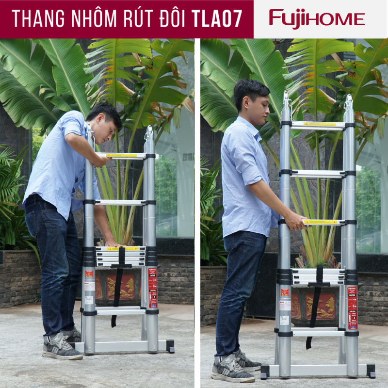 Thang nhôm FUJIHOME TLA08 rút gọn chữ A nhập khẩu, Chiều cao tối đa 5m, Đế cao su