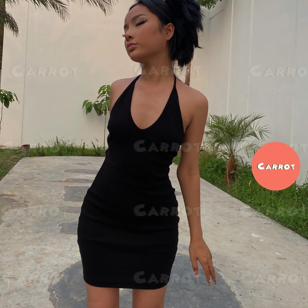 Đầm body sexy hở lưng hở eo váy thiết kế ôm cổ yếm hở vai cột dây quyến rũ sang chảnh màu đen thun gân carrotxinhdep- 56